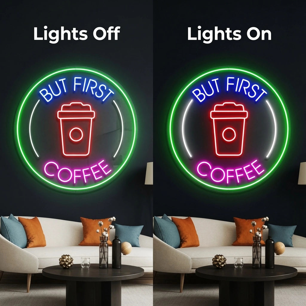 But First Coffee Shop Wall Decor LED Neon Sign - 06 Day Night Comparison