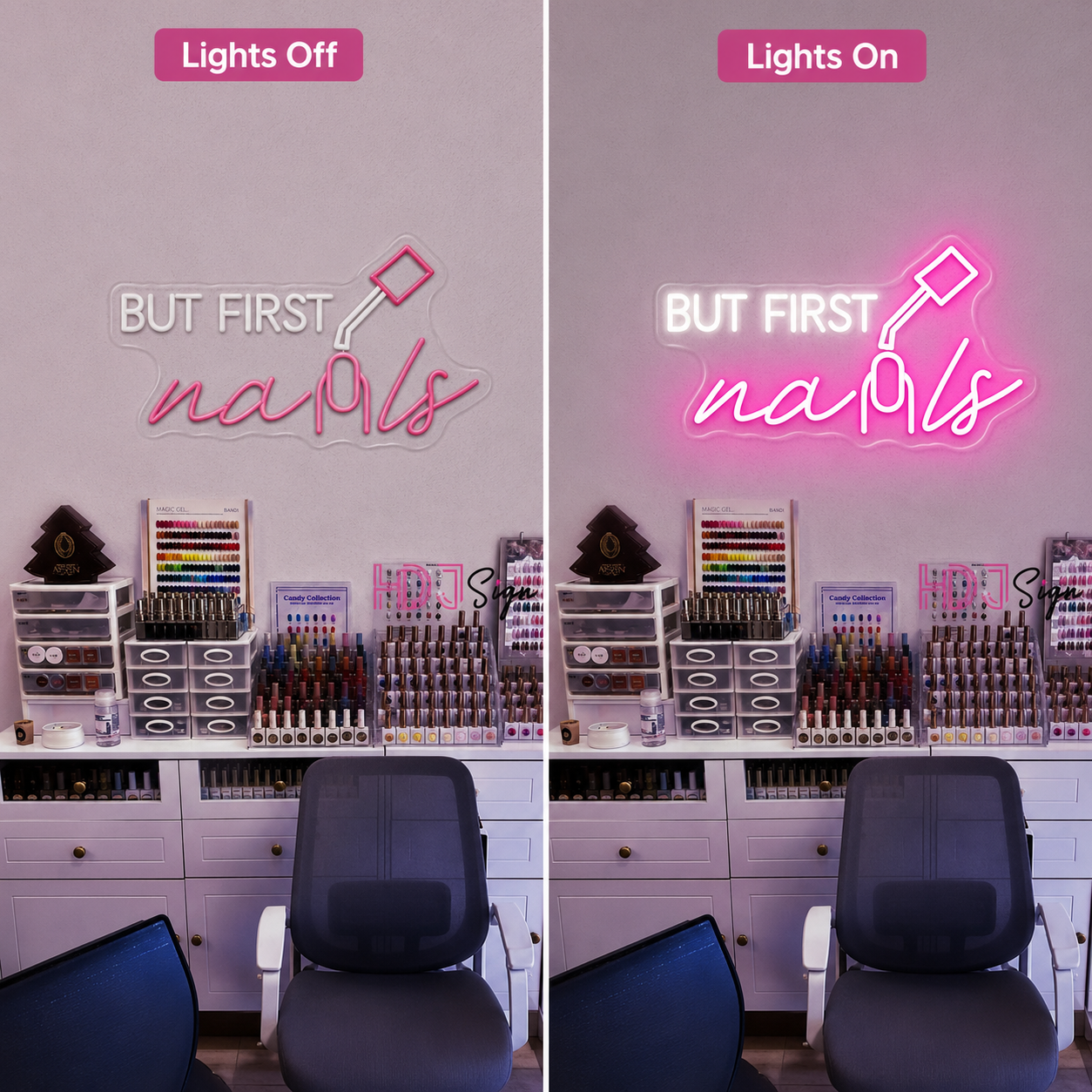 But First Nails LED Neon Sign - 06 Day Night Comparison