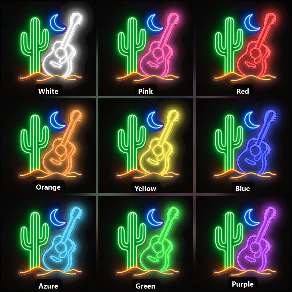 Cactus Crescent Moon Acoustic Guitar Vintage LED Neon Sign color grid