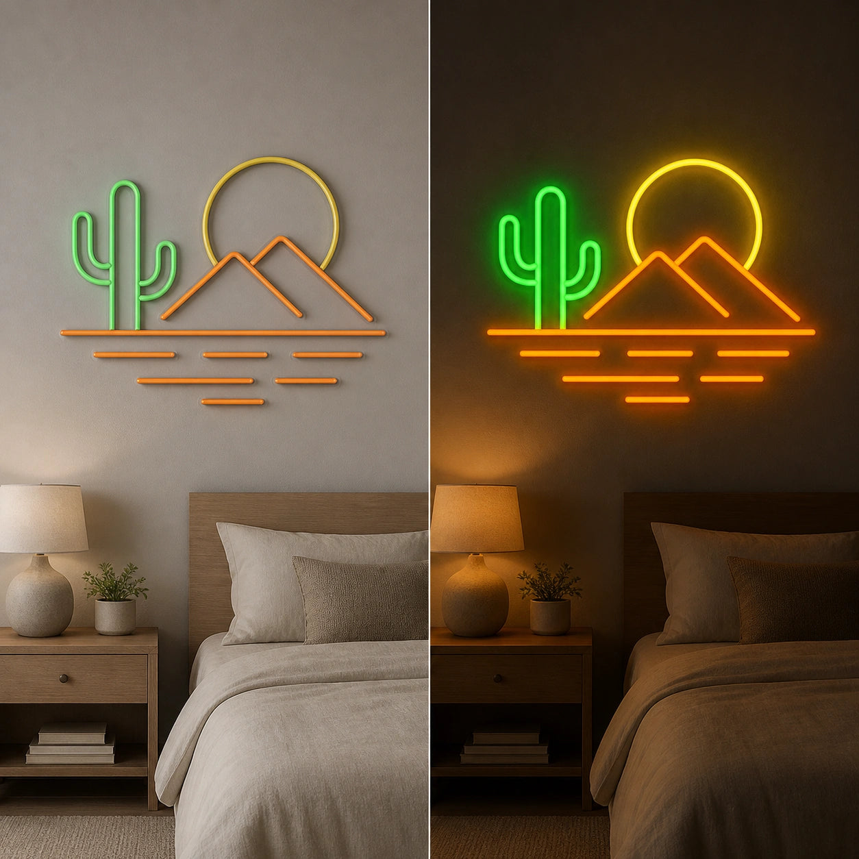 Cactus Mountain Bedroom Vintage LED Neon Sign day and night comparison