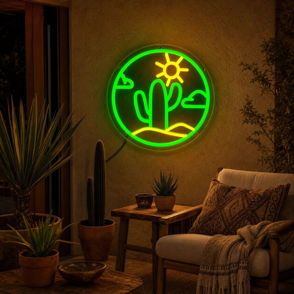 Cactus With Sun And Clouds Circle LED Neon Sign - Shineneon