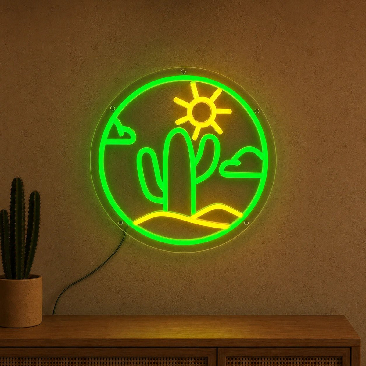 Cactus With Sun And Clouds Circle LED Neon Sign - Shineneon