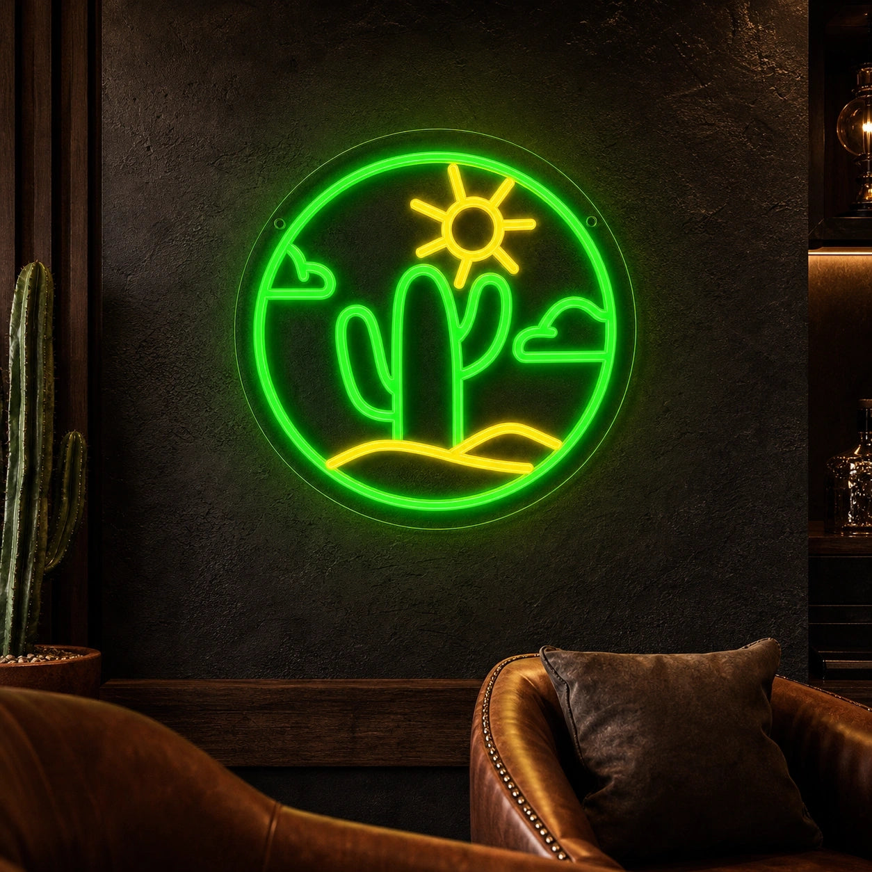 Cactus With Sun And Clouds Circle LED Neon Sign Home Garage Wall Decoration high-converting product image