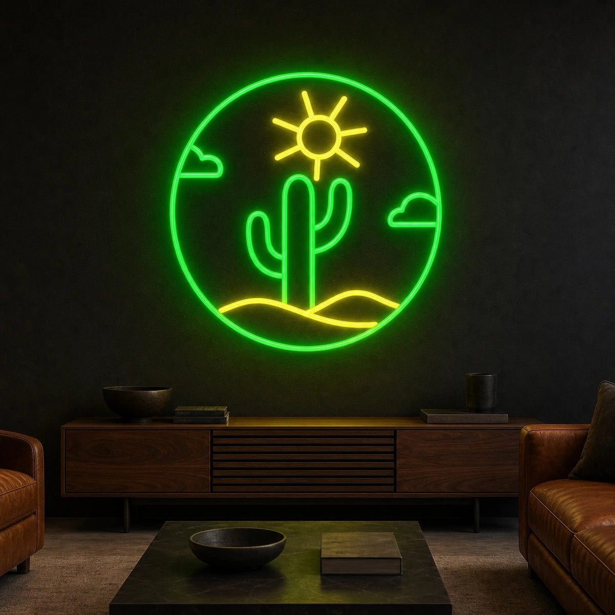 Cactus With Sun And Clouds Circle LED Neon Sign Man Cave Neon Sign - Shineneon
