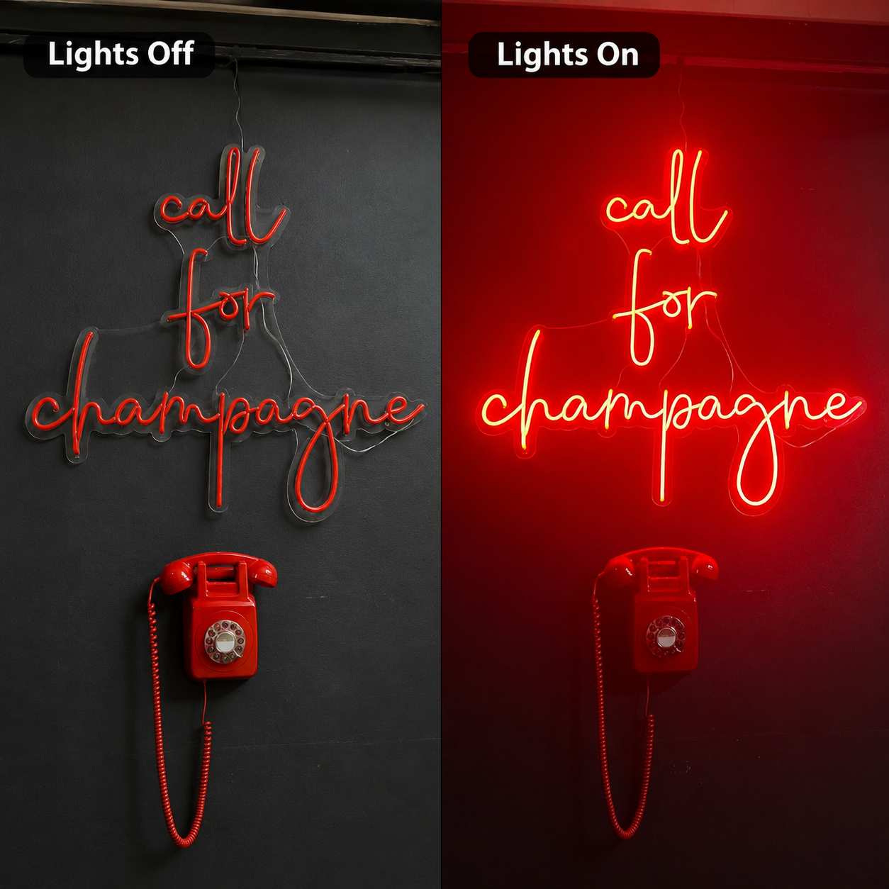 Call For Champagne LED Neon Sign - 06 Day Night Comparison
