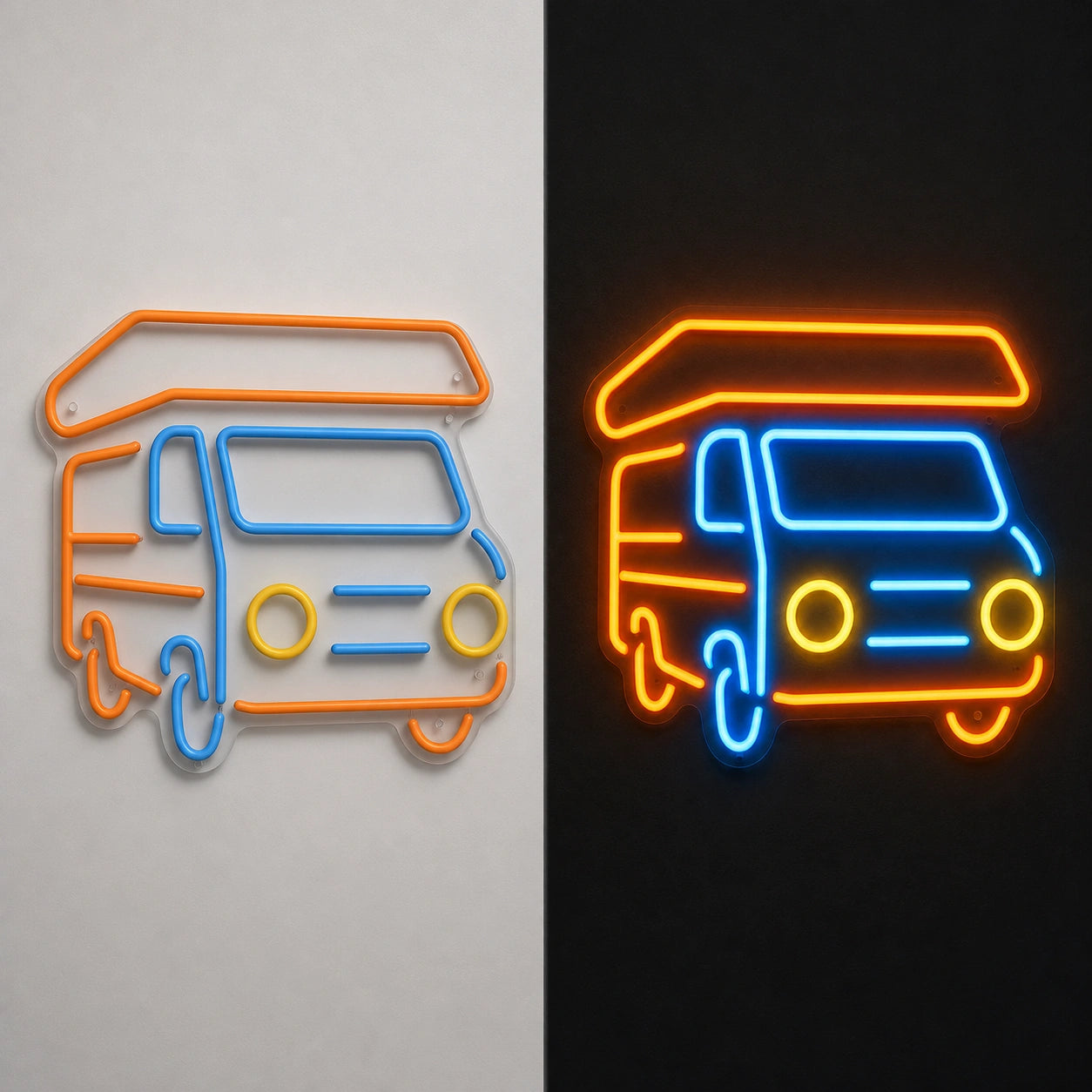 Camper Van Vintage LED Neon Sign day and night comparison
