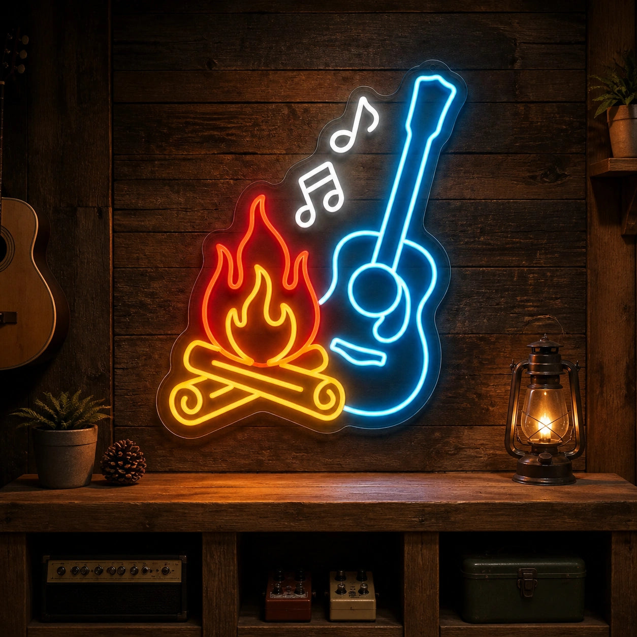 Campfire Acoustic Guitar Room Scene Vintage LED Neon Sign real lifestyle scene