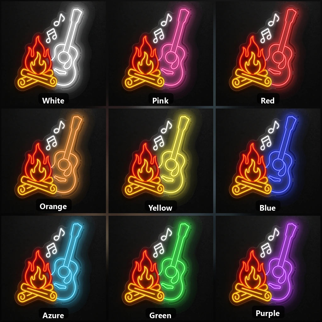 Campfire Acoustic Guitar Room Scene Vintage LED Neon Sign color grid