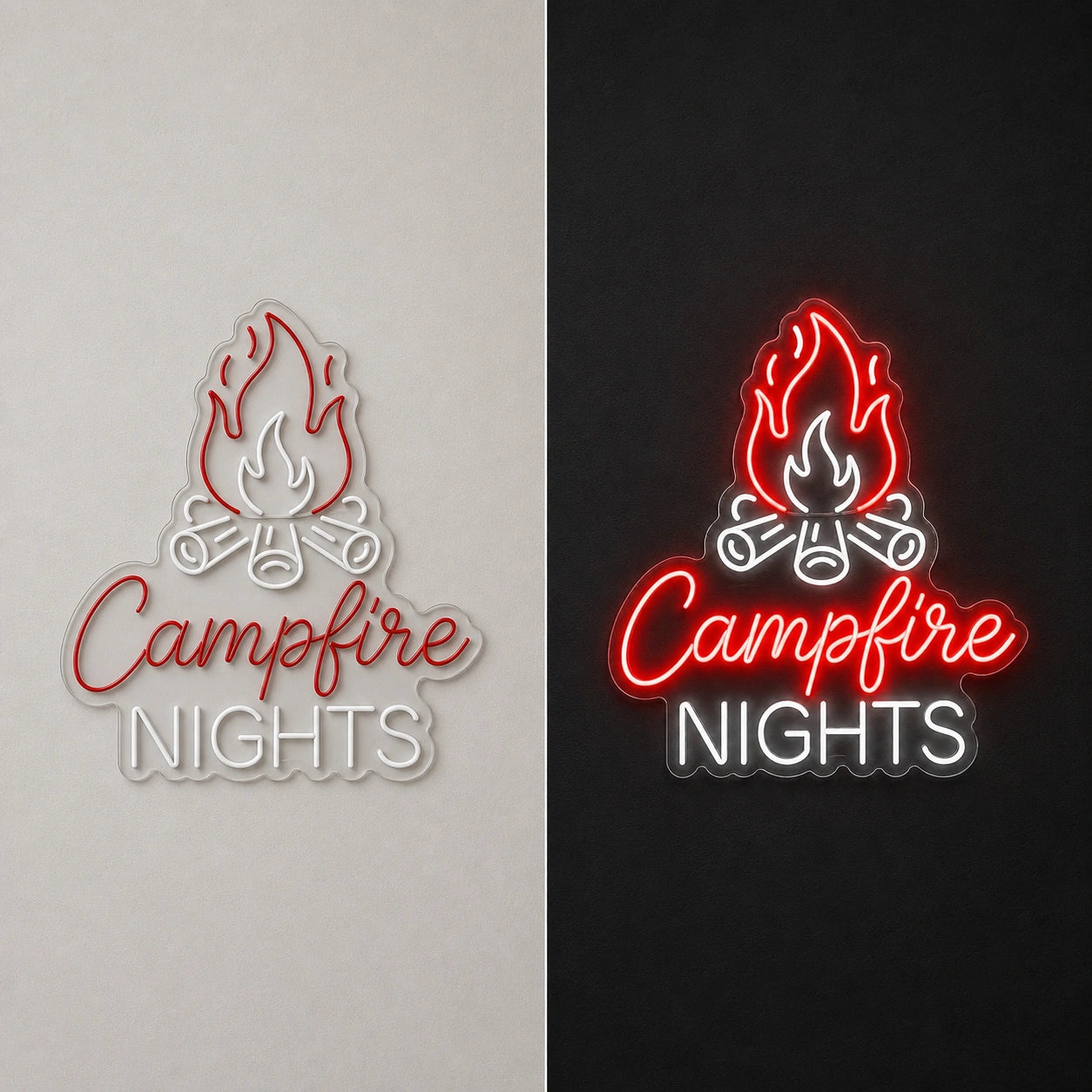 Campfire Nights Vintage LED Neon Sign day and night comparison