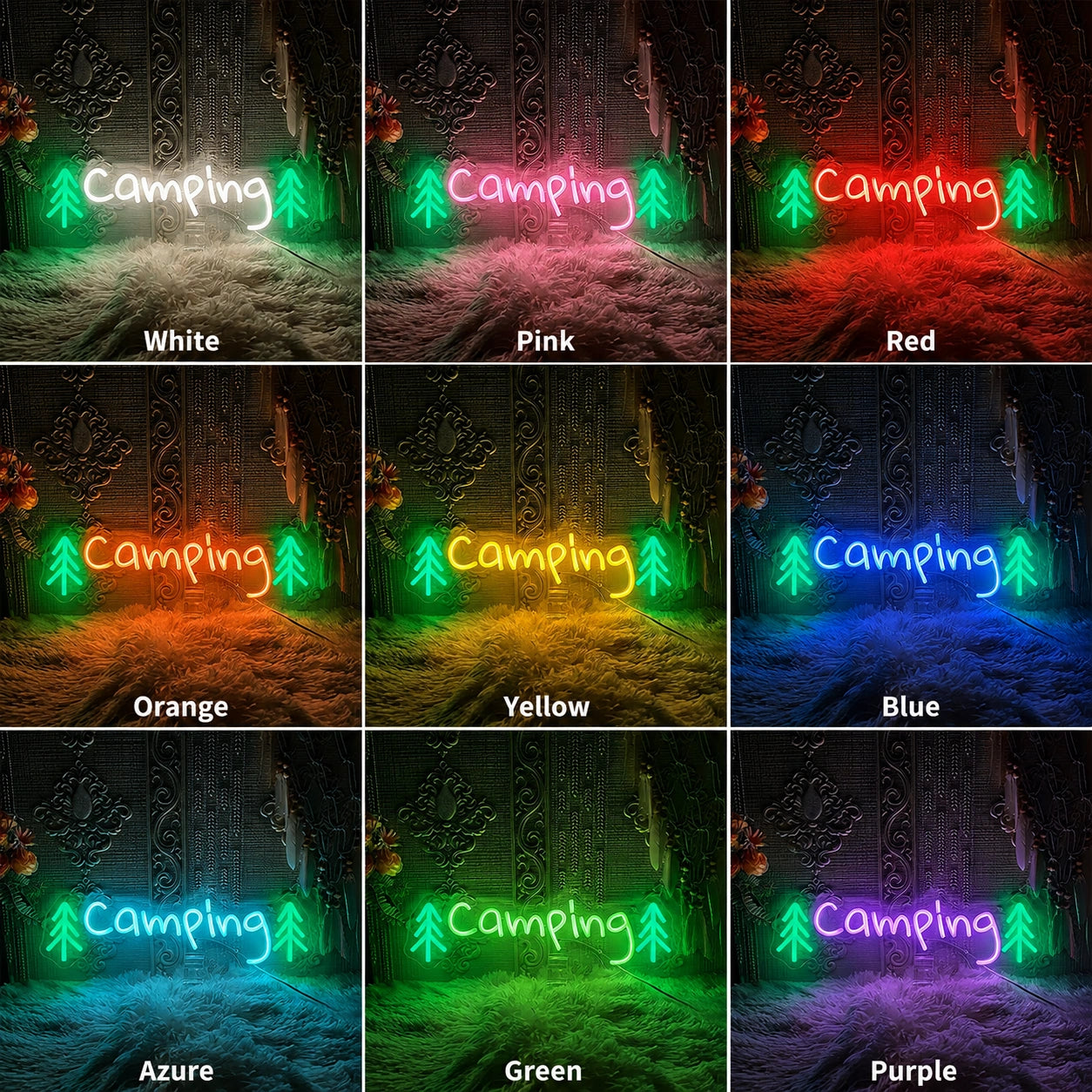 Camping Trees LED Neon Sign day and night comparison