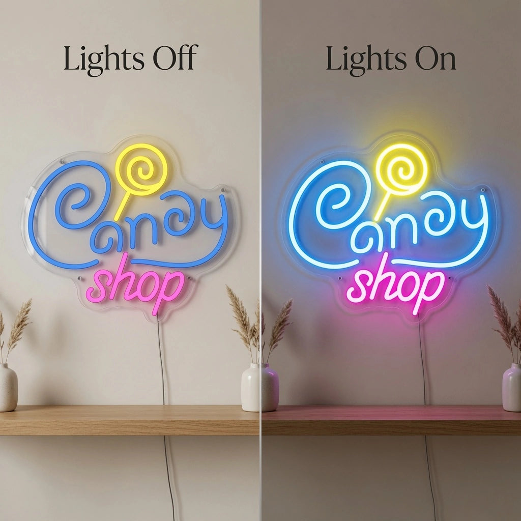 Candy Shop Coffee Shop Wall Decor LED Neon Sign - 06 Day Night Comparison