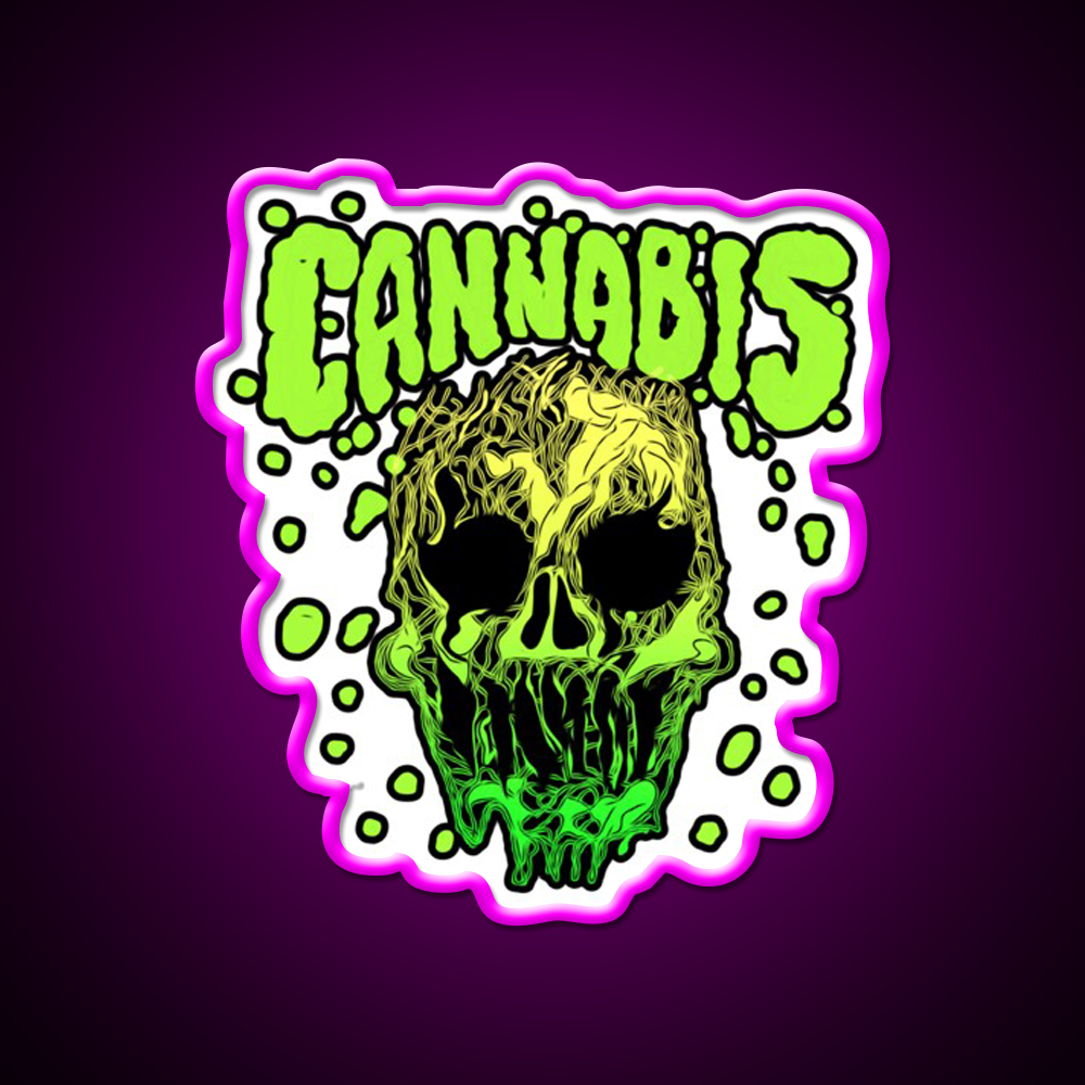 Cannabisskull Skull Hemp Inspired Green Leaf Led Neon Sign Rgb Color - Neon sign mounted on wall in room