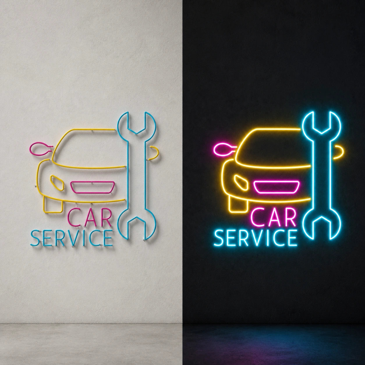 Car Service Wrench Vintage LED Neon Sign day and night comparison