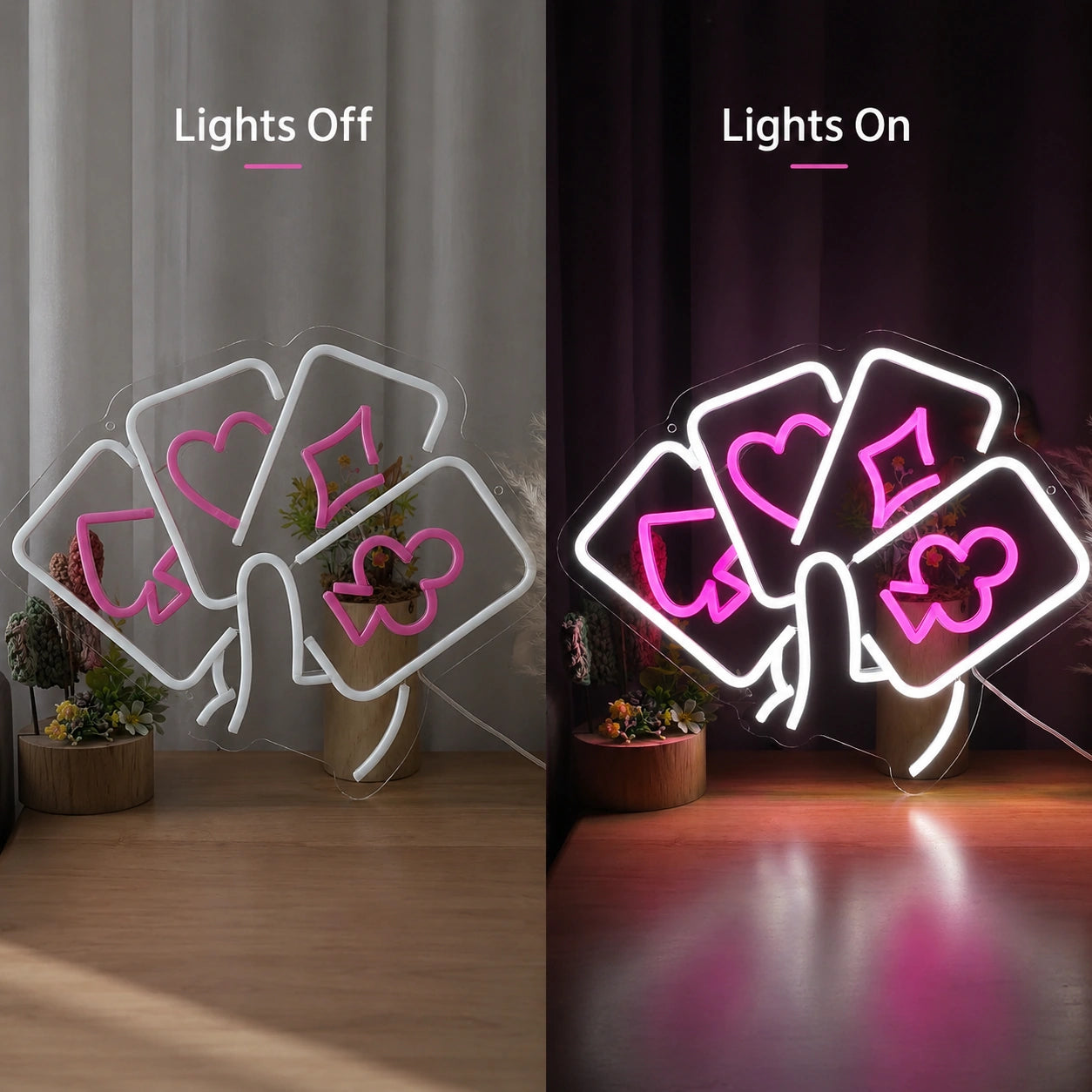 Cards And Ribbon Neon Sign LED Neon Sign day and night comparison