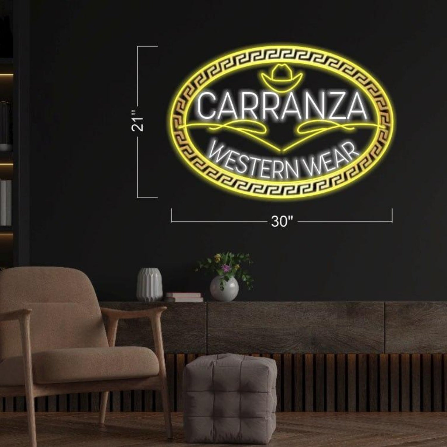Carranza Western Wear Yellow-White Led Neon Sign With Greek Key Border For Home Decor | Shineneon