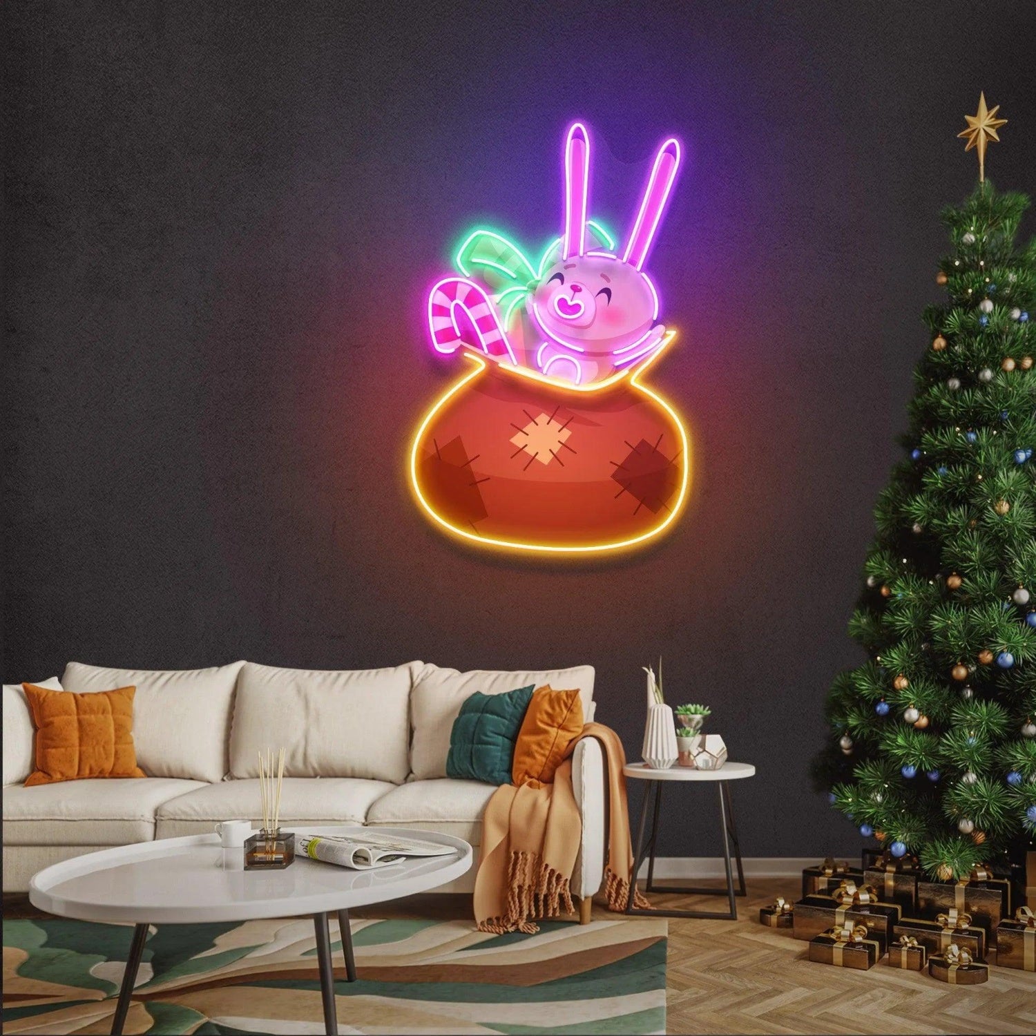 Cartoon Bunny Santa Sack Multicolor Led Neon Sign For Xmas Home Decor | Shineneon