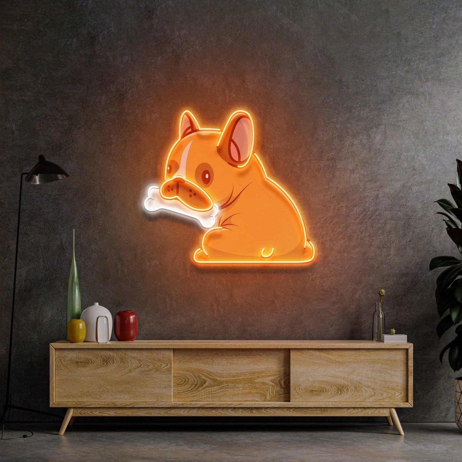 Cartoon Dog Gnawing Bone Orange-White Uv Printed Led Neon Sign For Pet Shop Home Decor | Shineneon