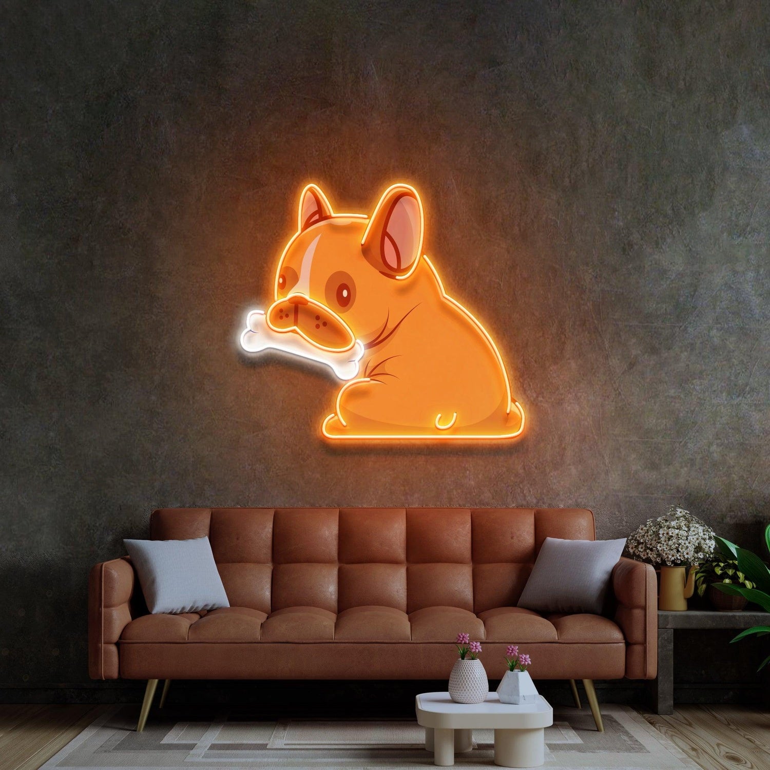 Cartoon Dog Gnawing Bone Orange-White Uv Printed Led Neon Sign For Pet Shop Home Decor | Shineneon