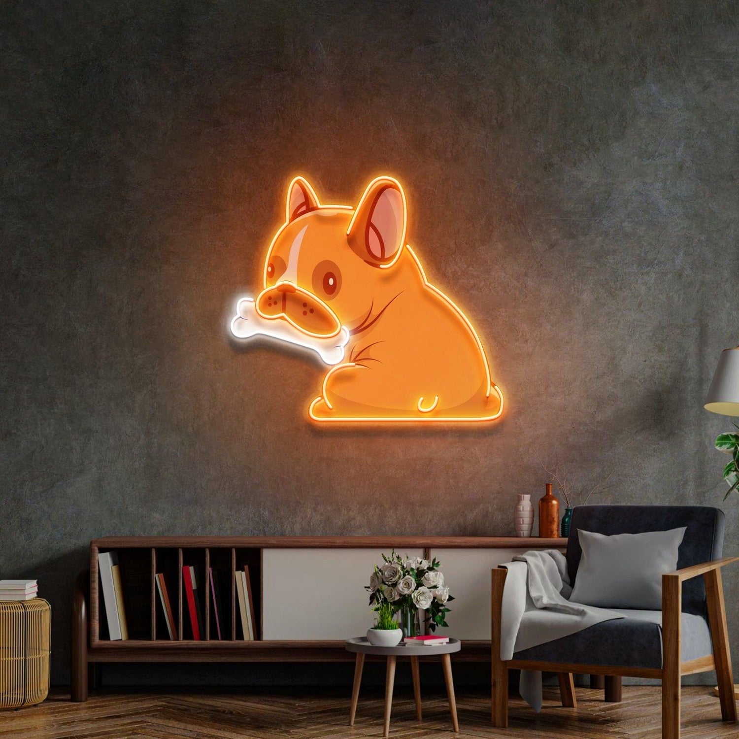 Cartoon Dog Gnawing Bone Orange-White Uv Printed Led Neon Sign For Pet Shop Home Decor | Shineneon