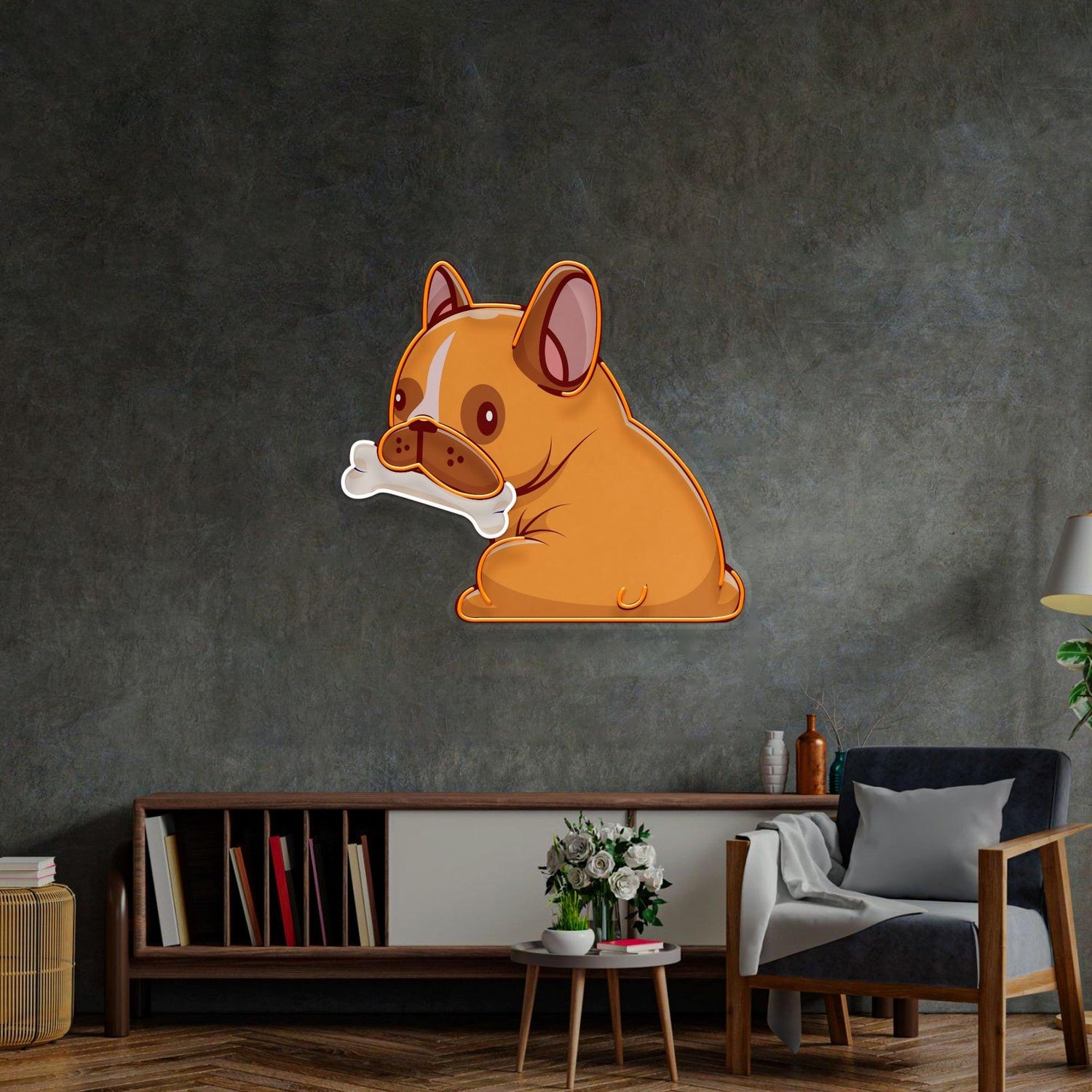 Cartoon Dog Gnawing Bone Orange-White Uv Printed Led Neon Sign For Pet Shop Home Decor | Shineneon
