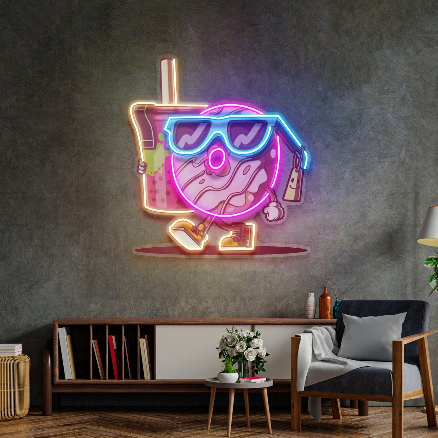 Cartoon Donut Holding Tea Cup Uv Printed Led Neon Sign For Home Cafe Decor | Shineneon