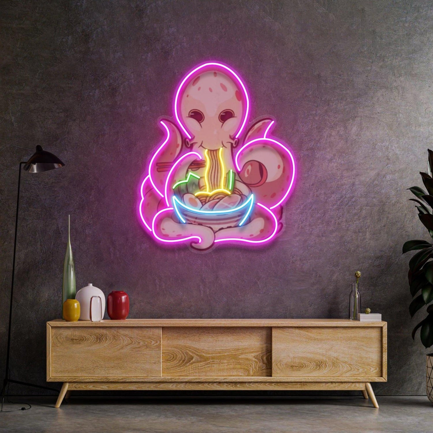 Cartoon Octopus Eating Ramen Uv Printed Led Neon Sign For Vibrant Indoor Decor | Shineneon
