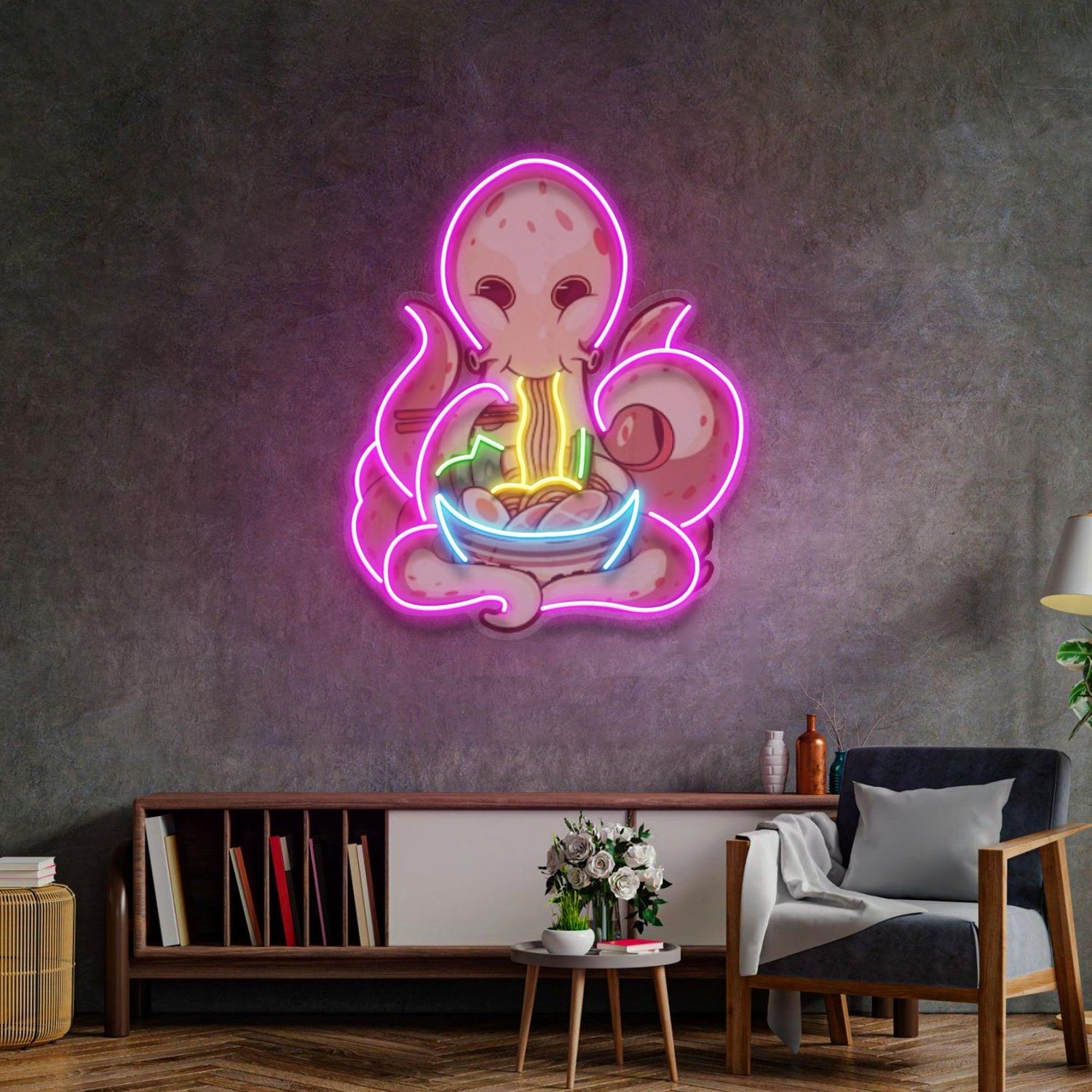 Cartoon Octopus Eating Ramen Uv Printed Led Neon Sign For Vibrant Indoor Decor | Shineneon