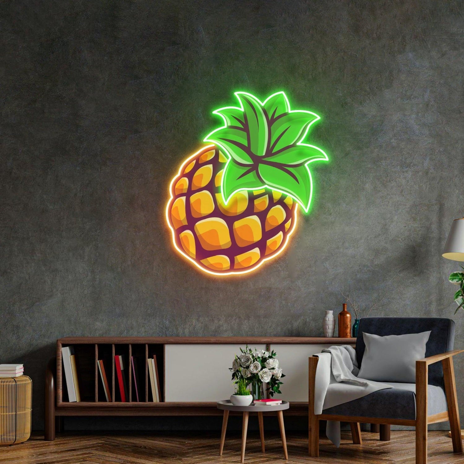 Cartoon Pineapple Green-Orange Uv Printed Led Neon Sign For Indoor Decor | Shineneon