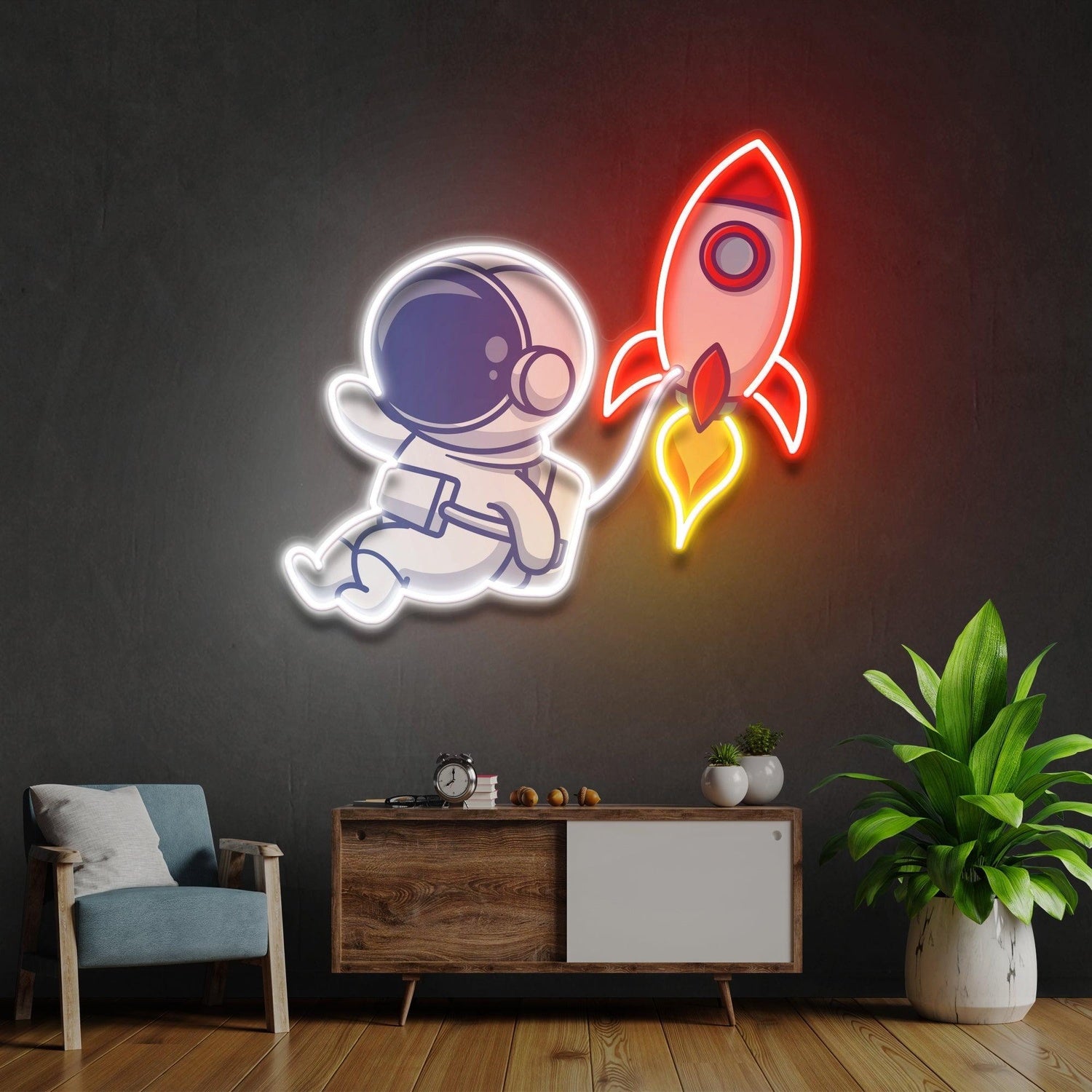 Cartoon Rocket Astronaut Colorful Uv Printed Led Neon Sign Artwork For Home Decor | Shineneon