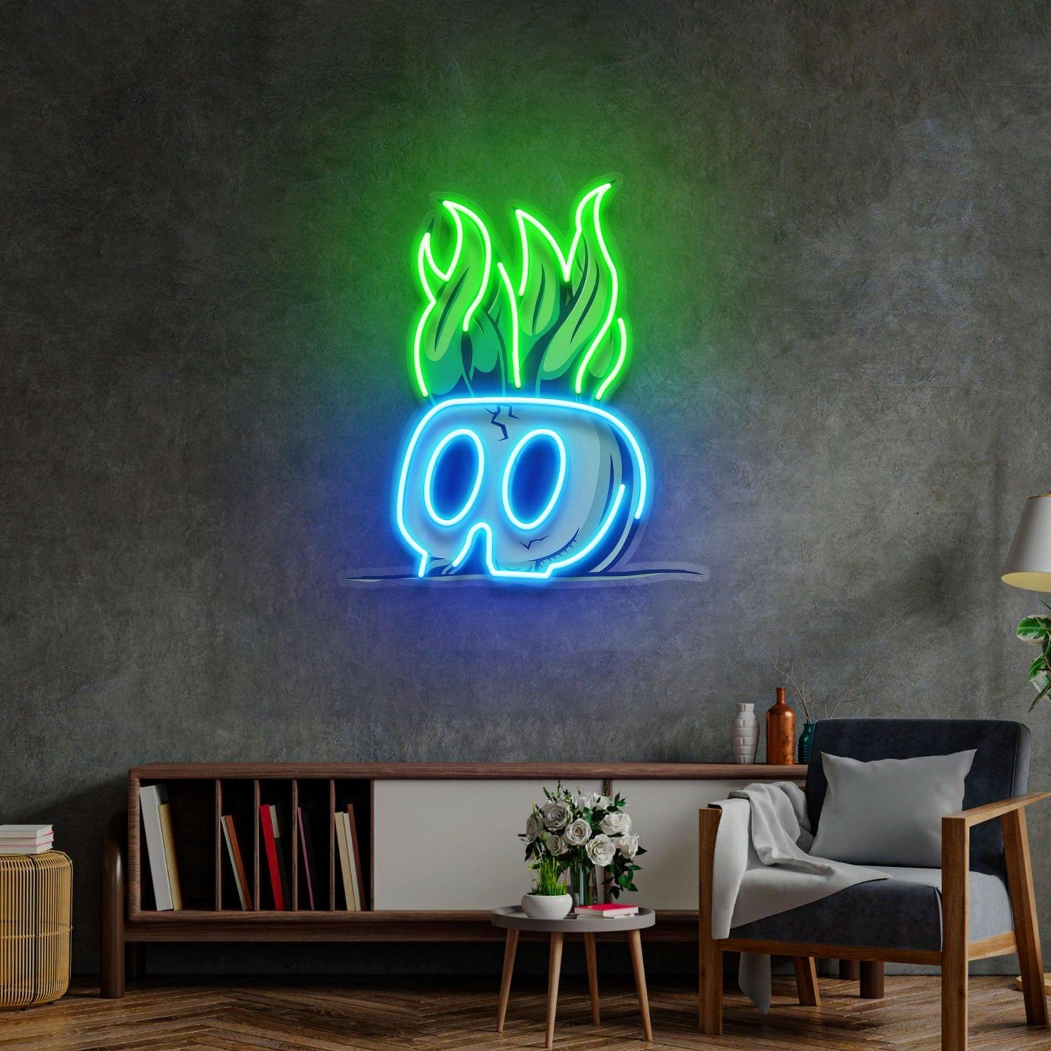 Cartoon Skull Flame Green Blue Uv Printed Led Neon Sign Indoor Wall Decor | Shineneon