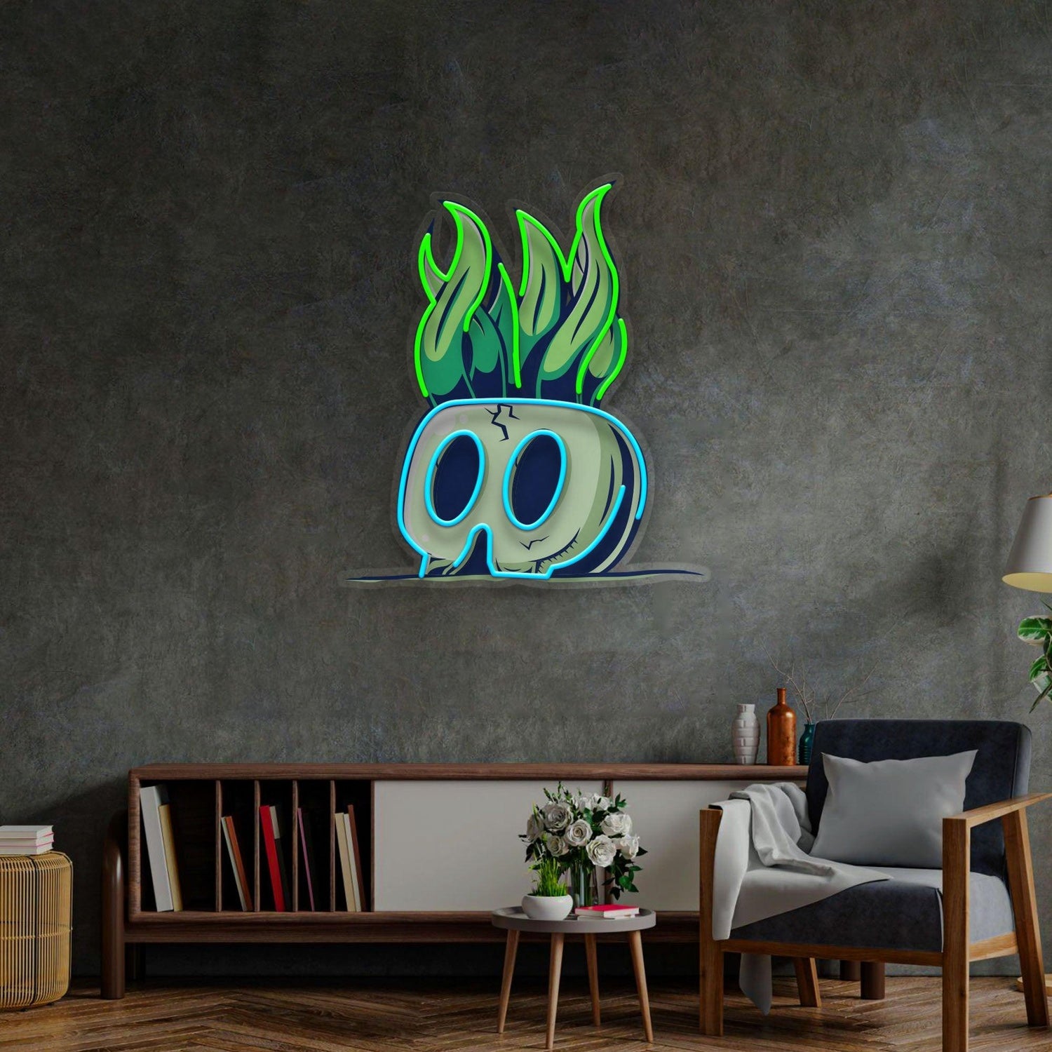 Cartoon Skull Flame Green Blue Uv Printed Led Neon Sign Indoor Wall Decor | Shineneon