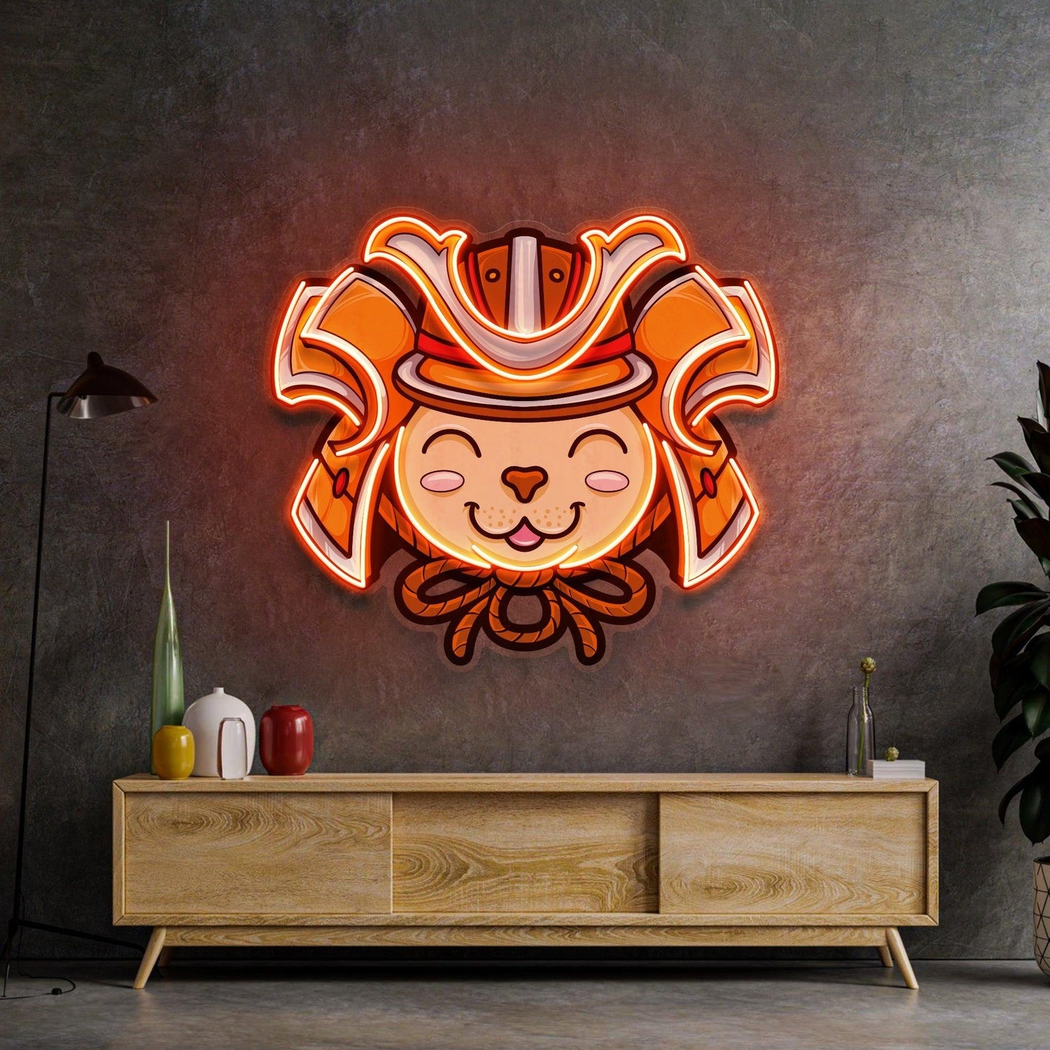 Cat Wearing Samurai Helmet Uv Printed Led Neon Sign Tropical Indoor Decor | Shineneon