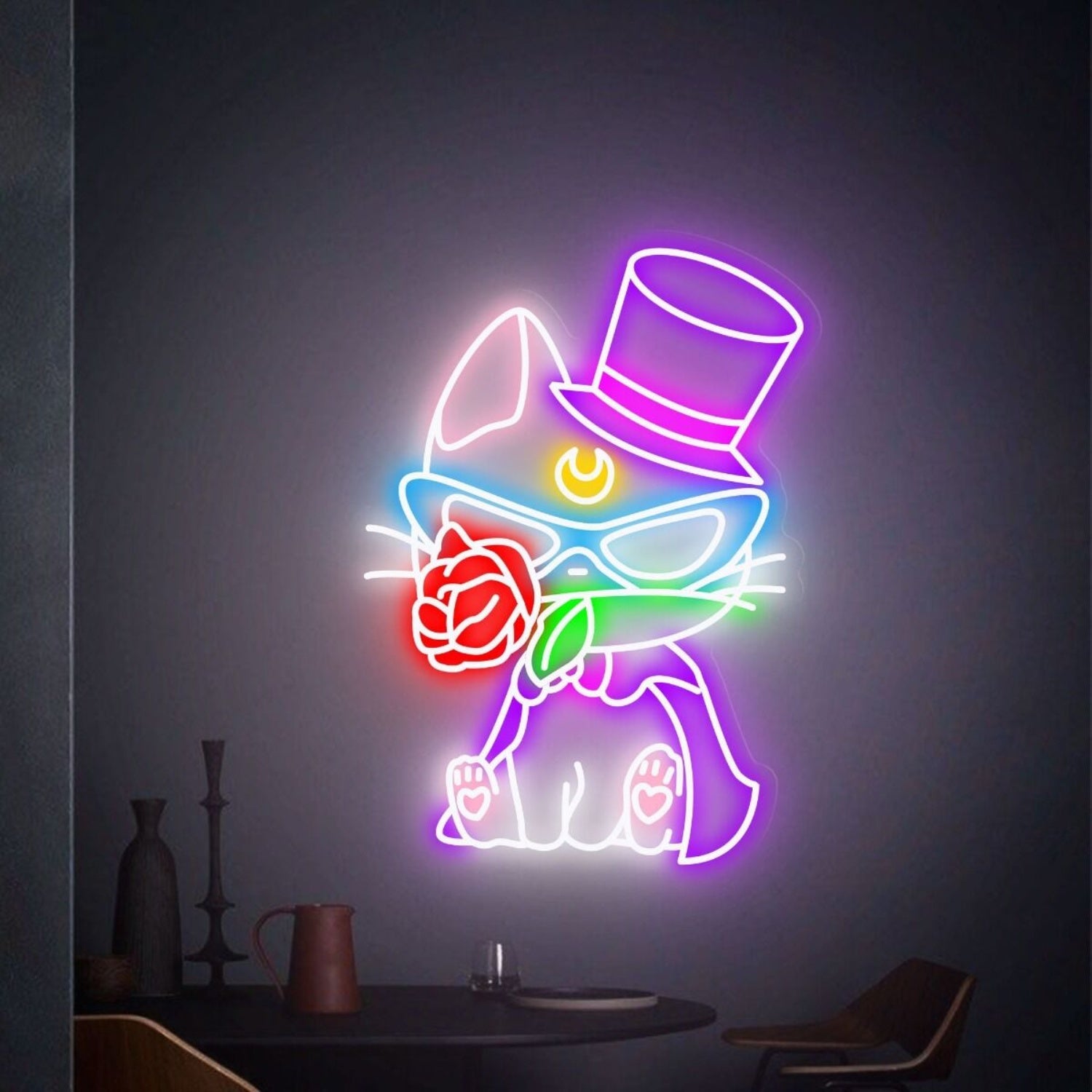 Cat With Rose Led Neon Sign Wall Art Decor | Shineneon