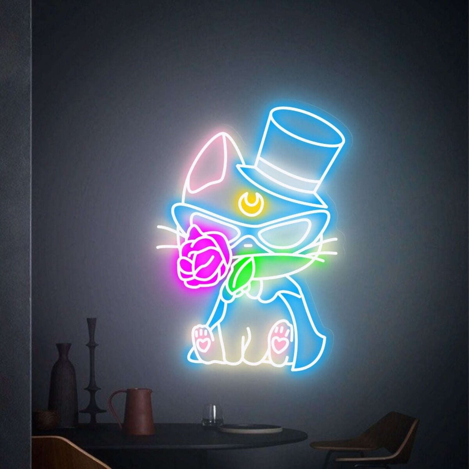 Cat With Rose Led Neon Sign Wall Art Decor | Shineneon