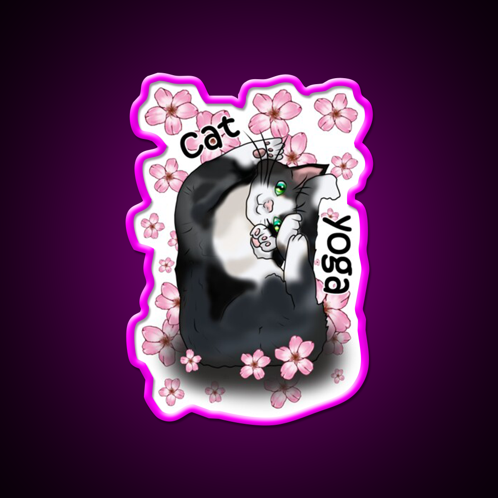 Cat Yoga With Flowers Yoga Led Neon Sign For Wellness Space Rgb Color