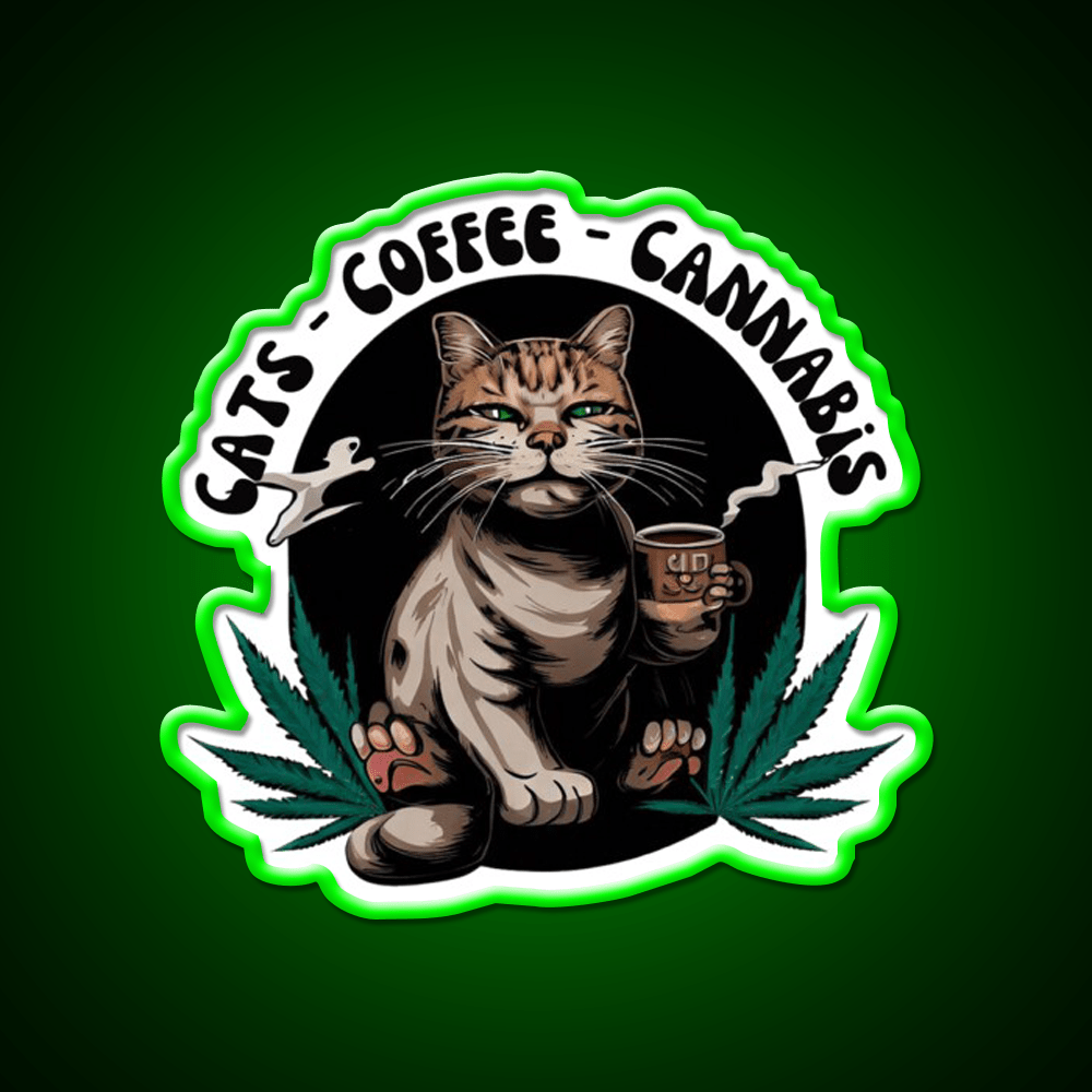 Cats Coffee Weed Weed Cat Stoner Hemp Inspired Green Leaf Led Neon Sign Rgb Color - Shineneon