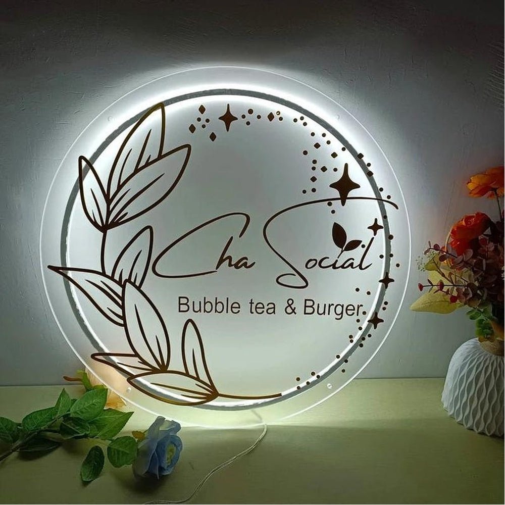 Cha Social Bubble Tea Burger Acrylic Business Logo Sign - Shineneon