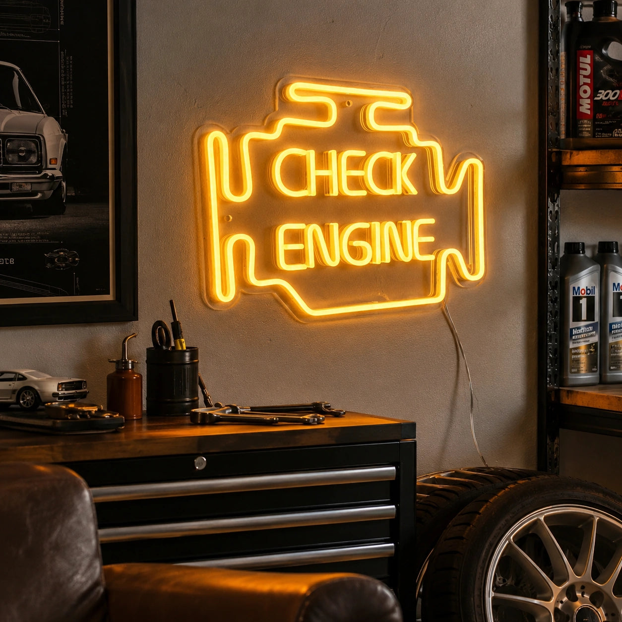 Check Engine Neon Sign Wall Art LED Neon Sign real lifestyle scene