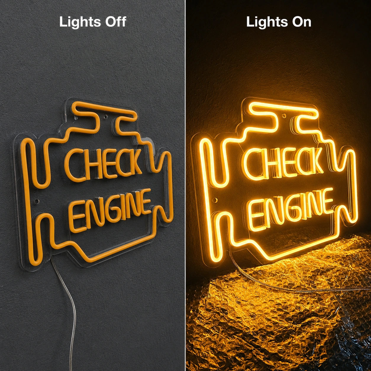 Check Engine Neon Sign Wall Art LED Neon Sign day and night comparison