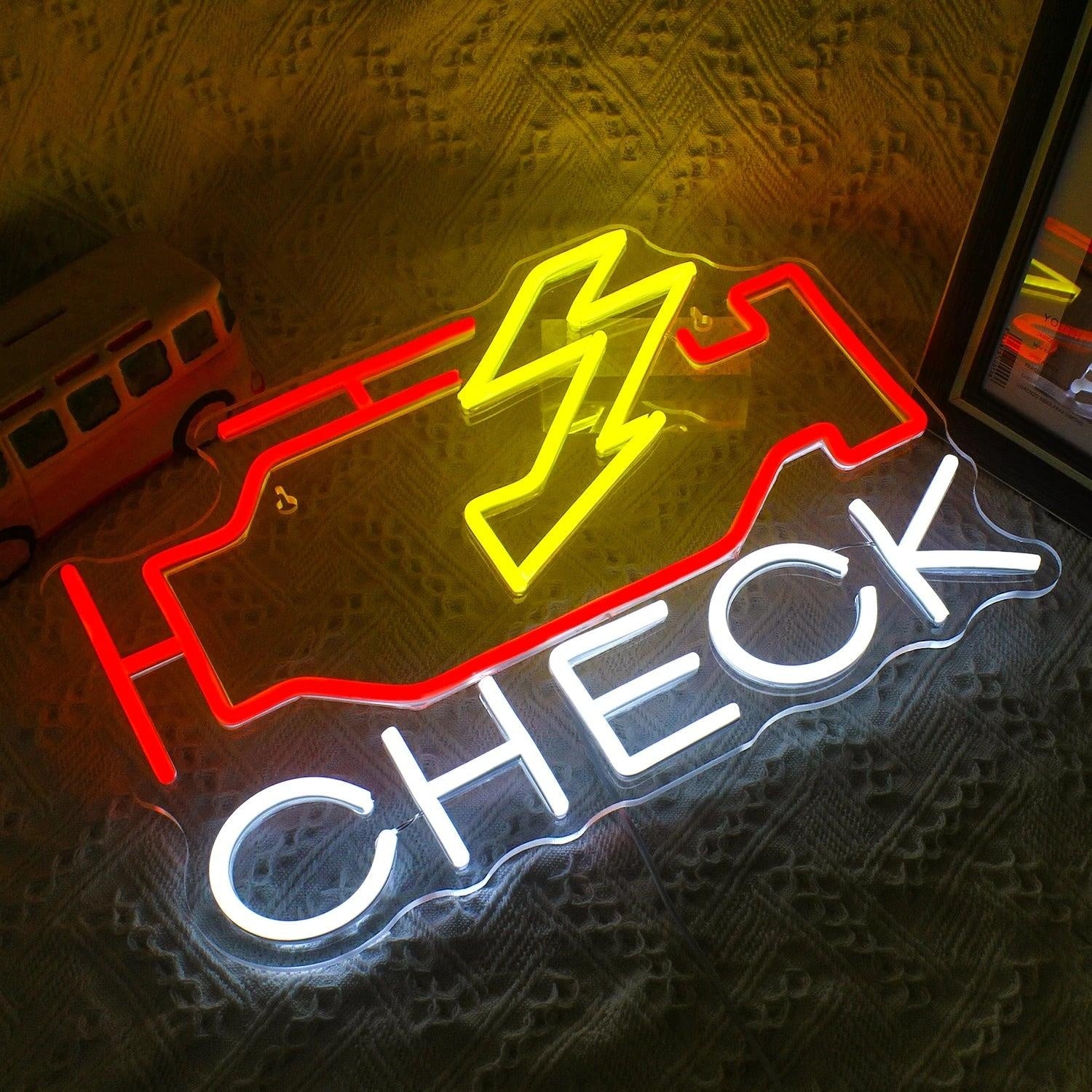 Check Engine Red-Yellow-White Led Neon Sign With Lightning Bolt For Home Decor | Shineneon