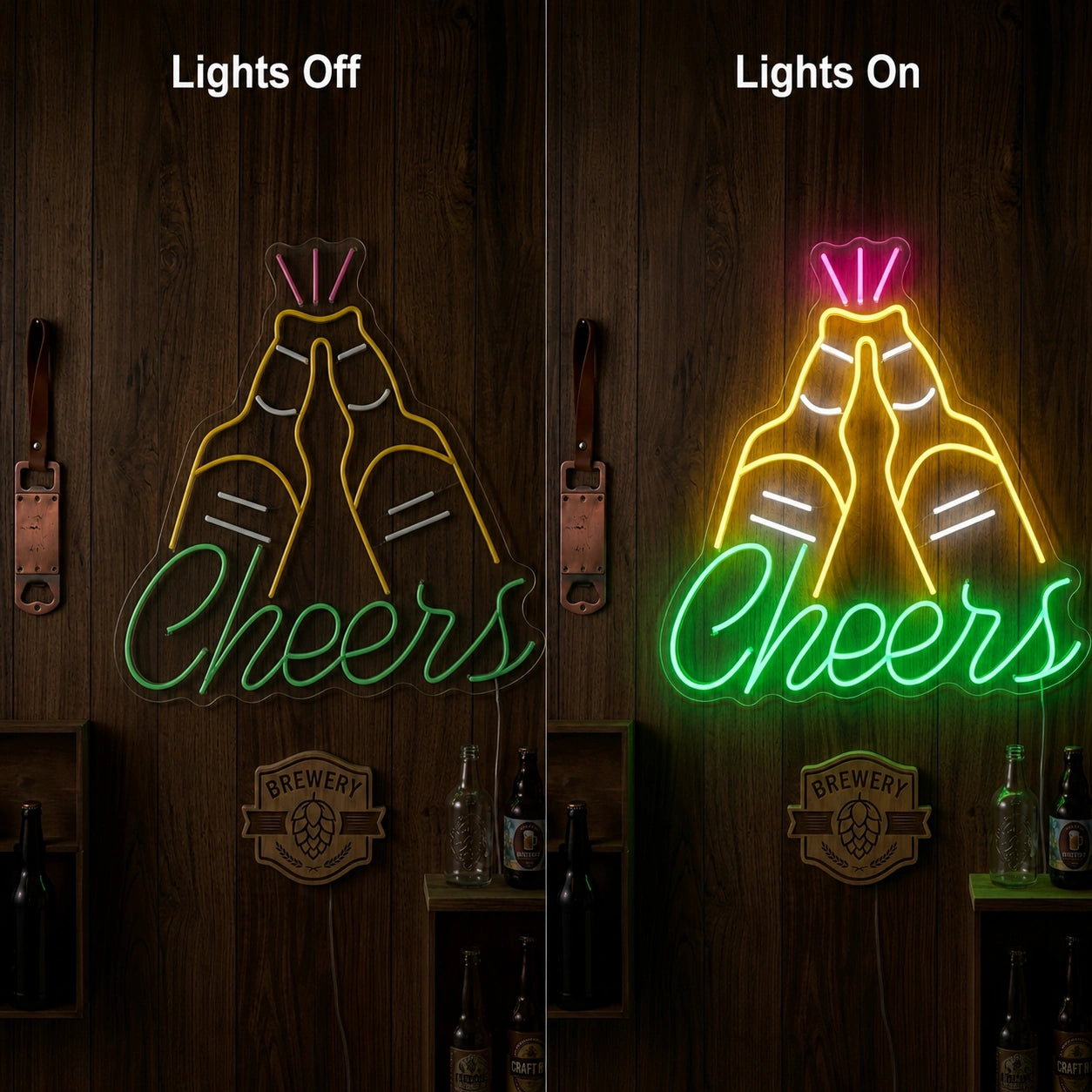 Cheers Beer Bottles Neon Sign LED Neon Sign day and night comparison