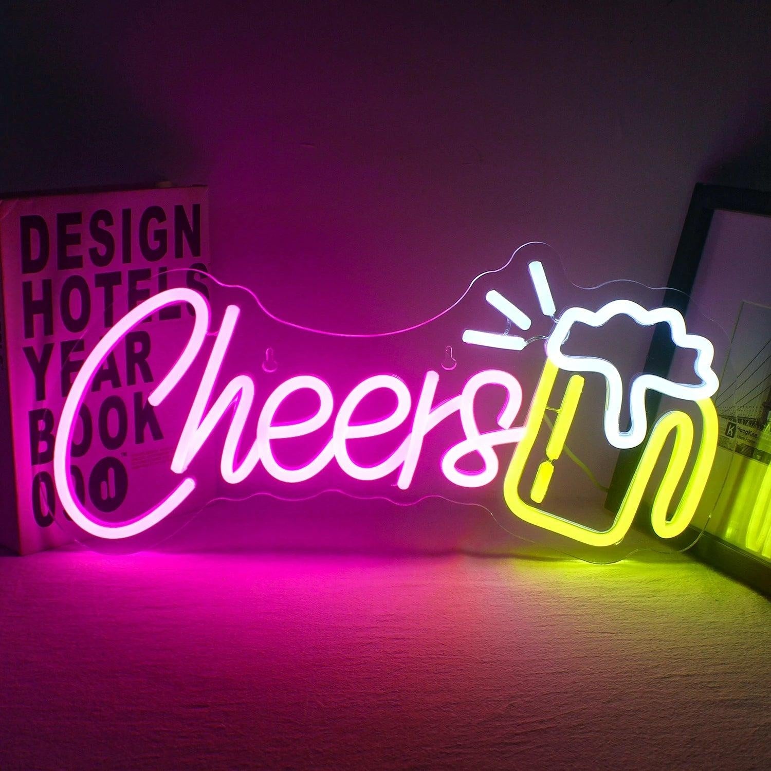 Cheers Beer Cup Pink Yellow Led Neon Sign For Indoor Home Bar Cafe Decor | Shineneon