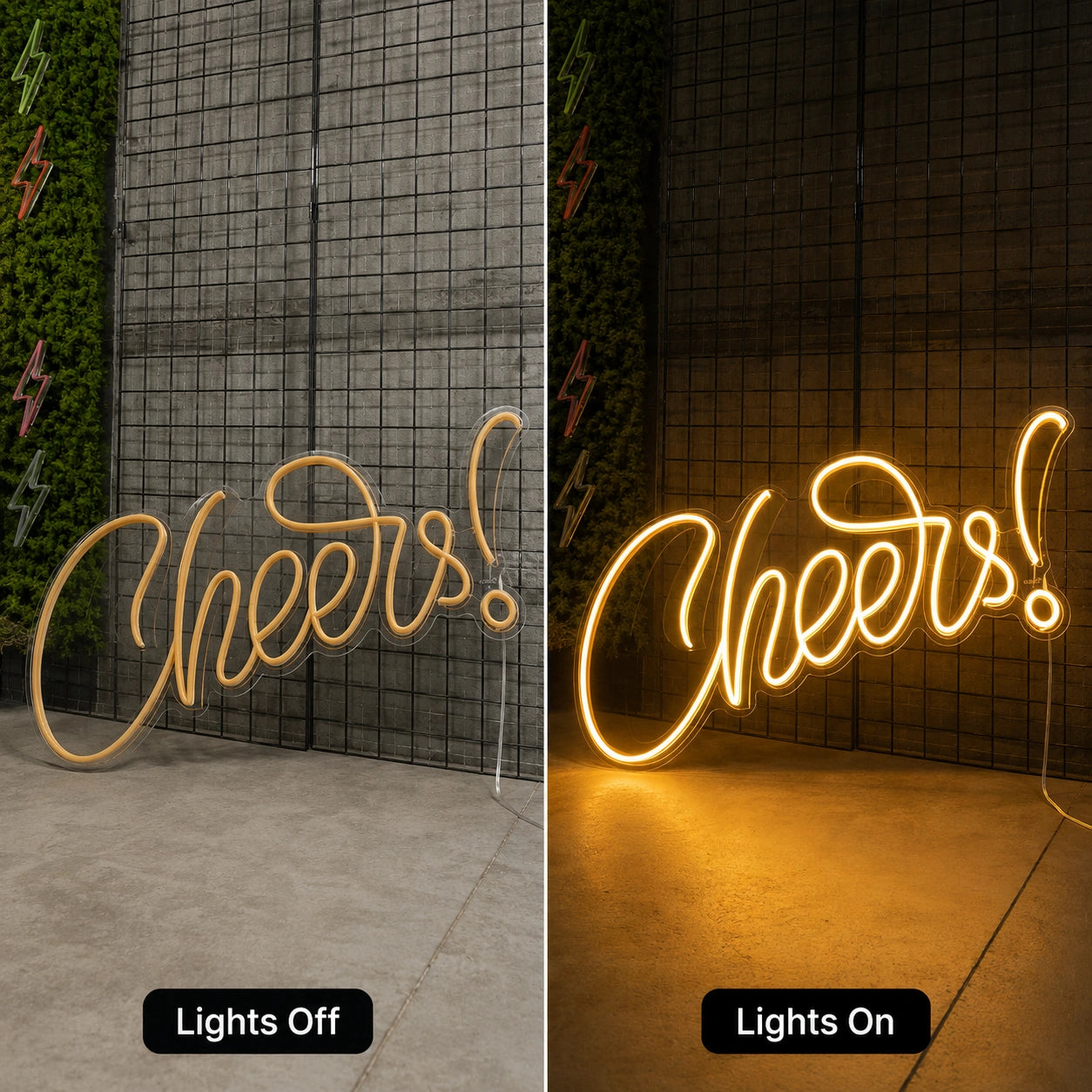 Cheers Champagne Neon Sign LED Neon Sign day and night comparison