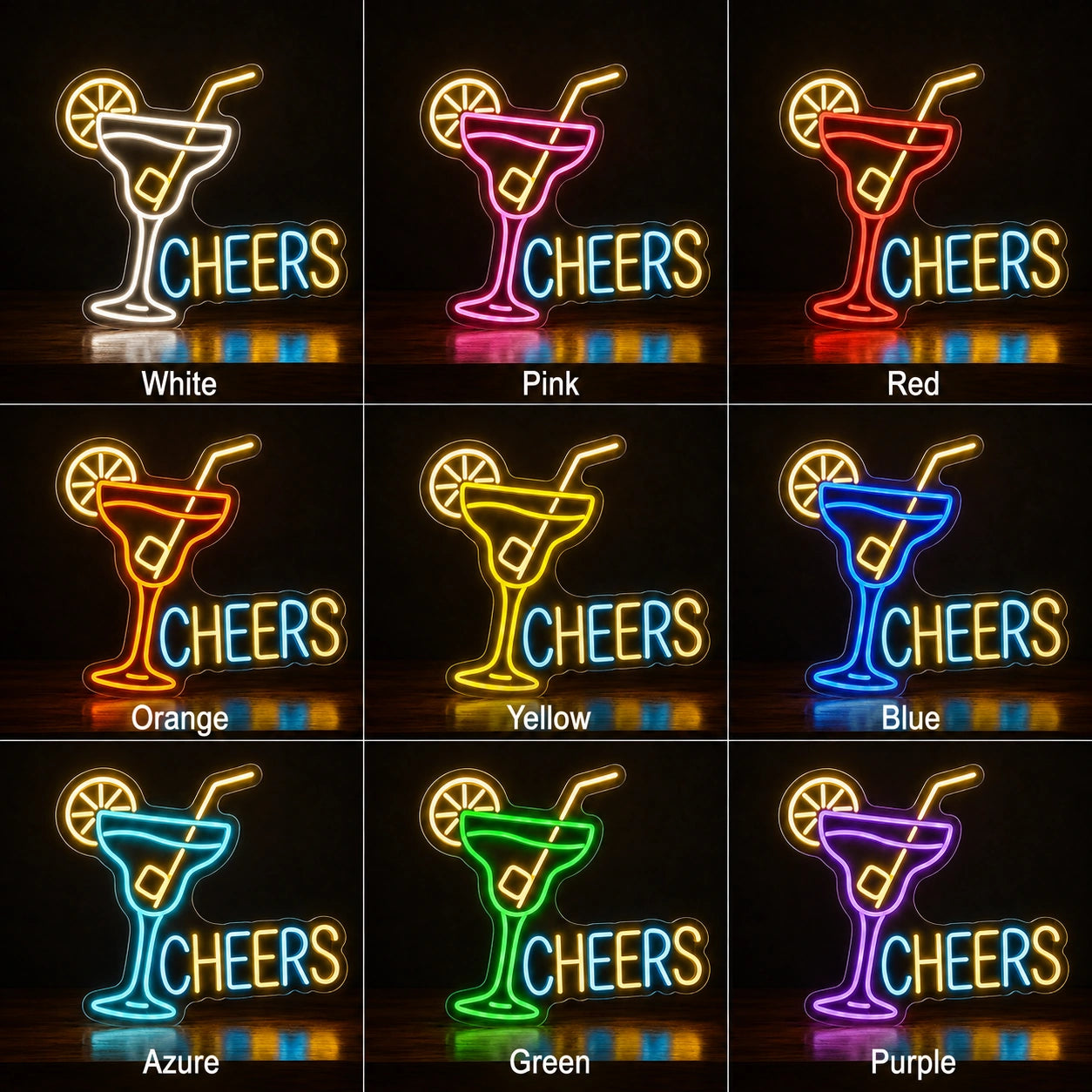 Cheers Cocktail Glass LED Neon Sign day and night comparison