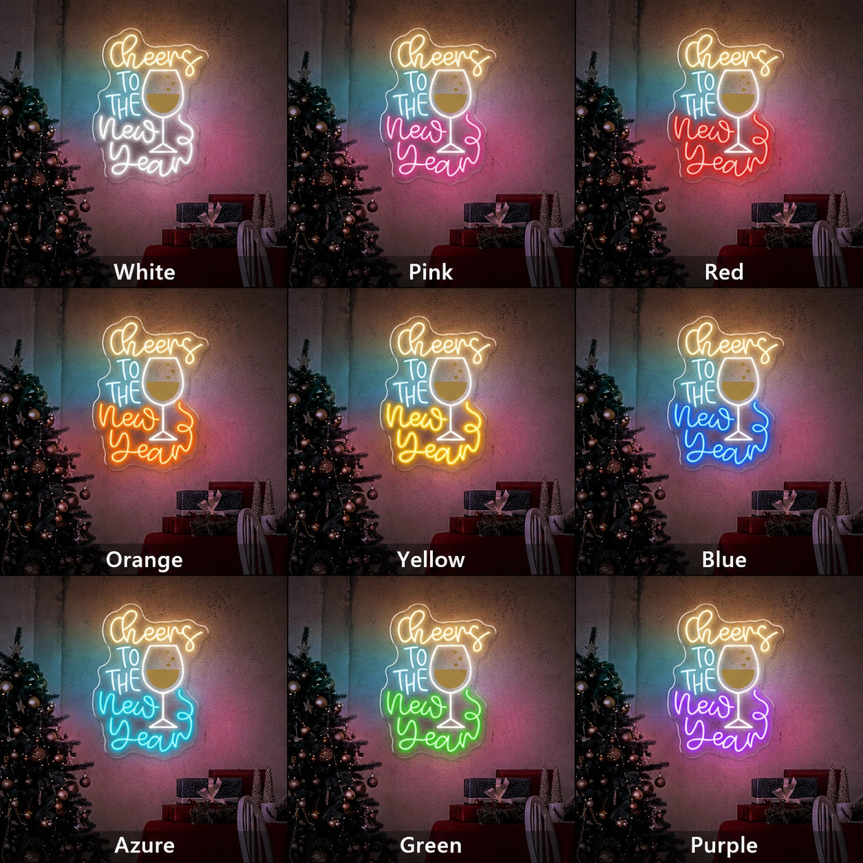 Cheers To The New Year Wine Glass LED Neon Sign day and night comparison