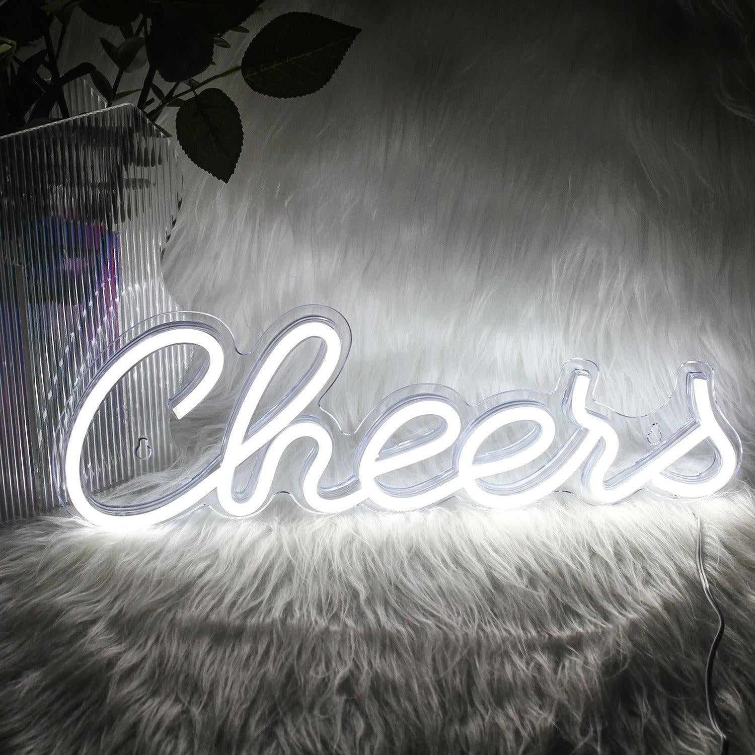 Cheers White Glow Led Neon Sign With Green Plant Wall For Cafe Bar Decor | Shineneon
