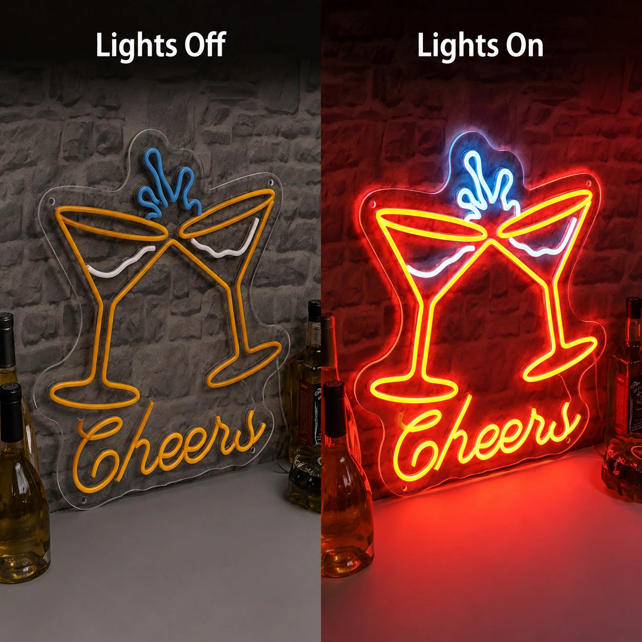 Cheers Wine Glasses Neon Sign LED Neon Sign day and night comparison