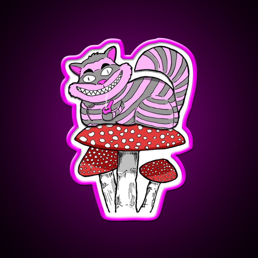 Cheshire Cat On Mushroom Smoking Bowl Green Leaf Led Neon Sign Rgb Color - Neon sign mounted on wall in room