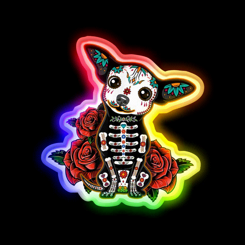 Chihuahua Muertos Day Of The Dead Dog Sugar Skull Tequila Led Neon Sign Rgb Color - LED neon sign close-up detail