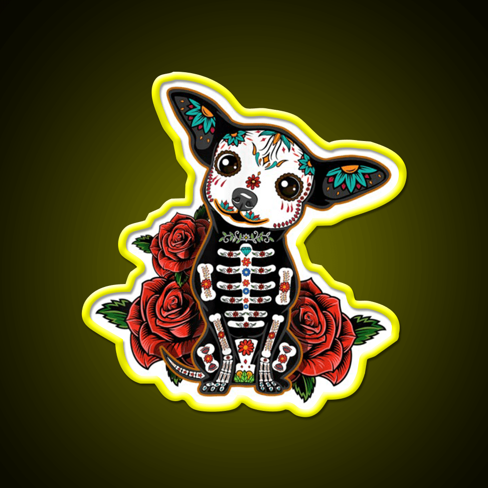 Chihuahua Muertos Day Of The Dead Dog Sugar Skull Tequila Led Neon Sign Rgb Color - Shineneon